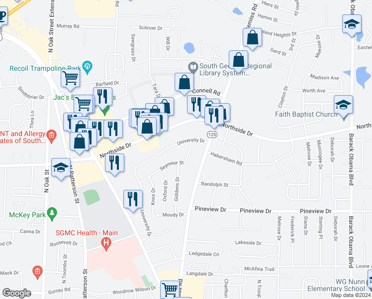map of restaurants, bars, coffee shops, grocery stores, and more near 2508 Seymour Street in Valdosta