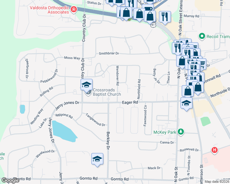 map of restaurants, bars, coffee shops, grocery stores, and more near 3008 Wendover Road in Valdosta