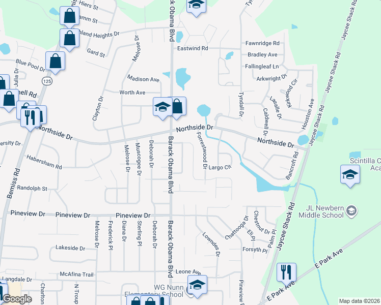 map of restaurants, bars, coffee shops, grocery stores, and more near 2612 Meadow Place in Valdosta