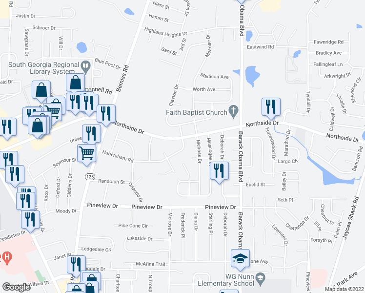 map of restaurants, bars, coffee shops, grocery stores, and more near 906 Habersham Road in Valdosta