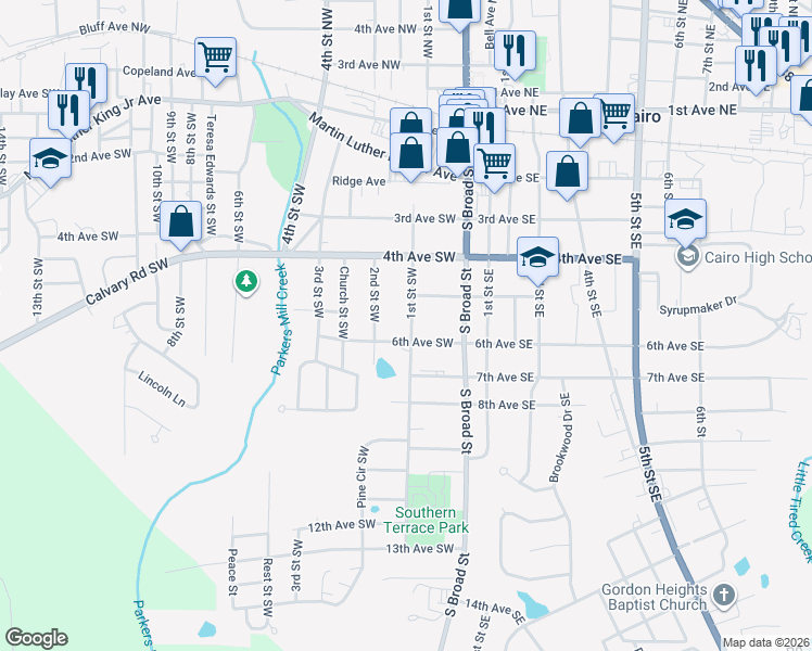 map of restaurants, bars, coffee shops, grocery stores, and more near 526 1st Street Southwest in Cairo