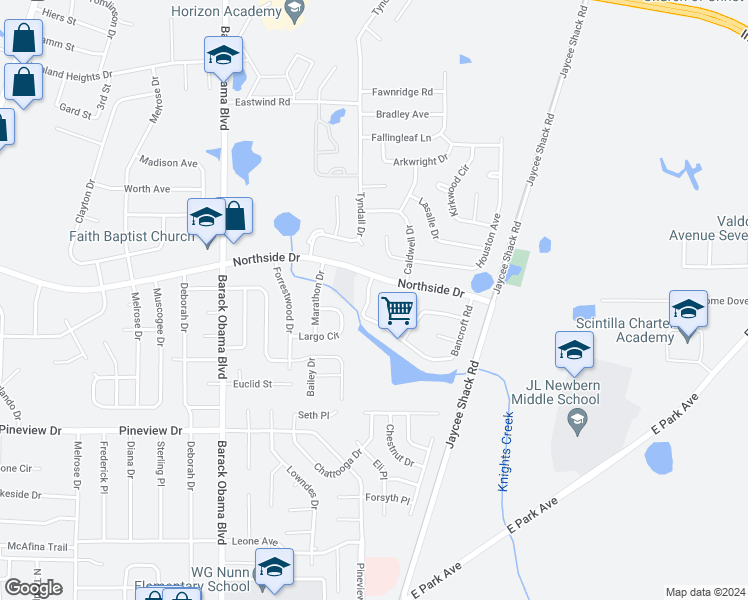map of restaurants, bars, coffee shops, grocery stores, and more near 2608 Wedgewood Drive in Valdosta