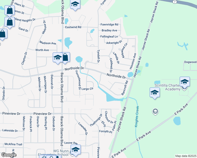 map of restaurants, bars, coffee shops, grocery stores, and more near 2605 Wedgewood Drive in Valdosta