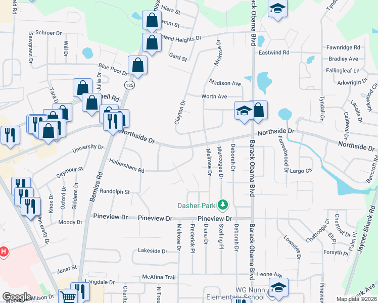 map of restaurants, bars, coffee shops, grocery stores, and more near 906 Habersham Road in Valdosta