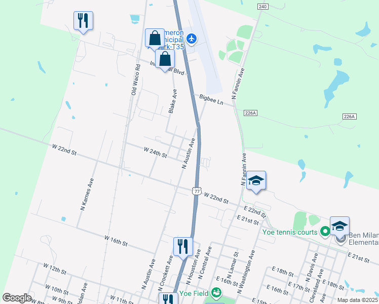 map of restaurants, bars, coffee shops, grocery stores, and more near N Austin Ave & W 25th St in Cameron