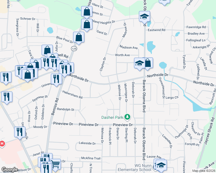 map of restaurants, bars, coffee shops, grocery stores, and more near 906 Habersham Road in Valdosta