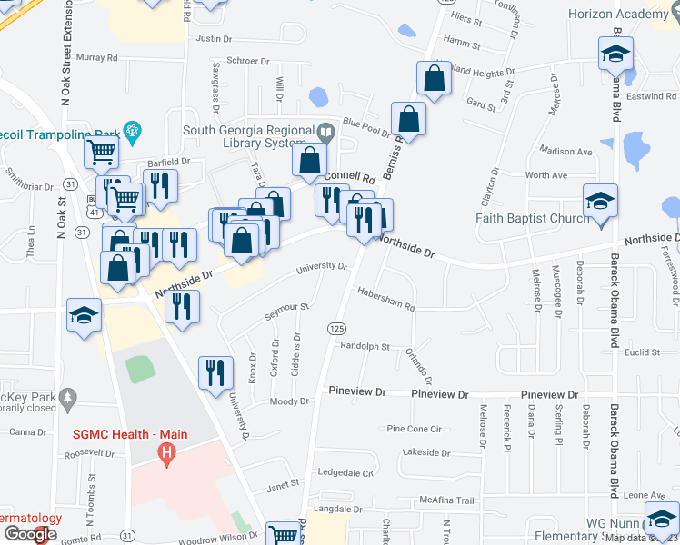 map of restaurants, bars, coffee shops, grocery stores, and more near 2517 Bemiss Road in Valdosta