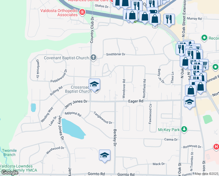 map of restaurants, bars, coffee shops, grocery stores, and more near 502 Eager Road in Valdosta