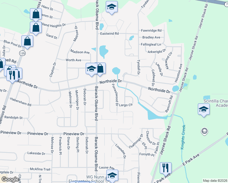 map of restaurants, bars, coffee shops, grocery stores, and more near 2556 Forrestwood Drive in Valdosta