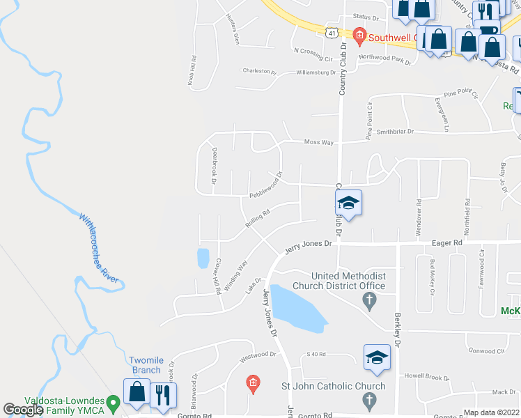 map of restaurants, bars, coffee shops, grocery stores, and more near 2604 Rolling Road in Valdosta