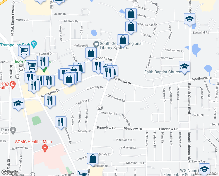 map of restaurants, bars, coffee shops, grocery stores, and more near 2517 Bemiss Road in Valdosta