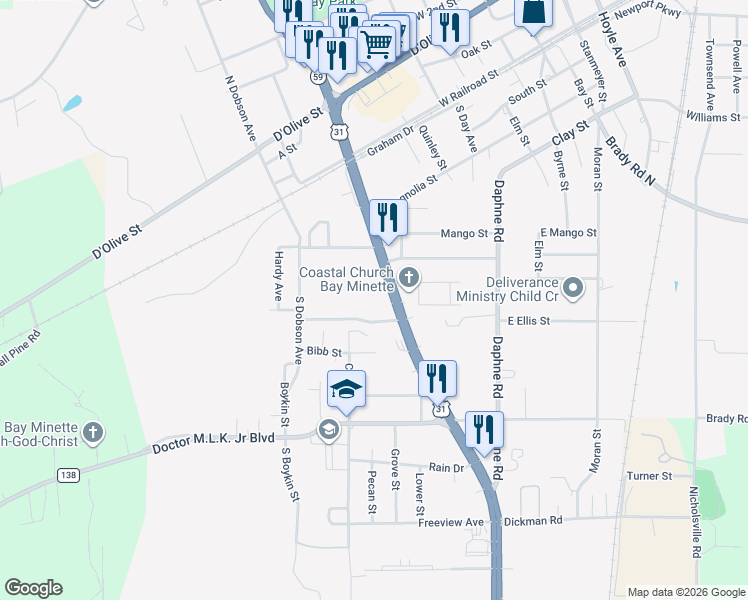 map of restaurants, bars, coffee shops, grocery stores, and more near West Hickory Street in Bay Minette