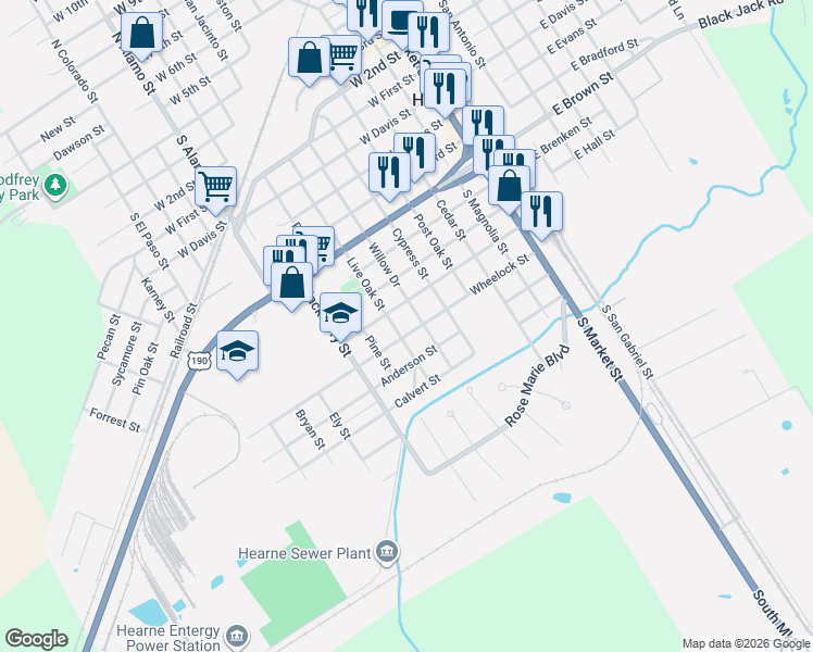 map of restaurants, bars, coffee shops, grocery stores, and more near 509 Barton Street in Hearne