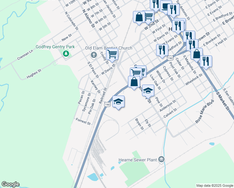 map of restaurants, bars, coffee shops, grocery stores, and more near 1201 West Brown Street in Hearne