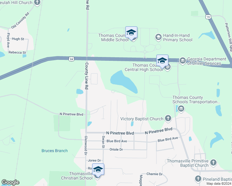 map of restaurants, bars, coffee shops, grocery stores, and more near 507 Caitlin Lane in Thomasville