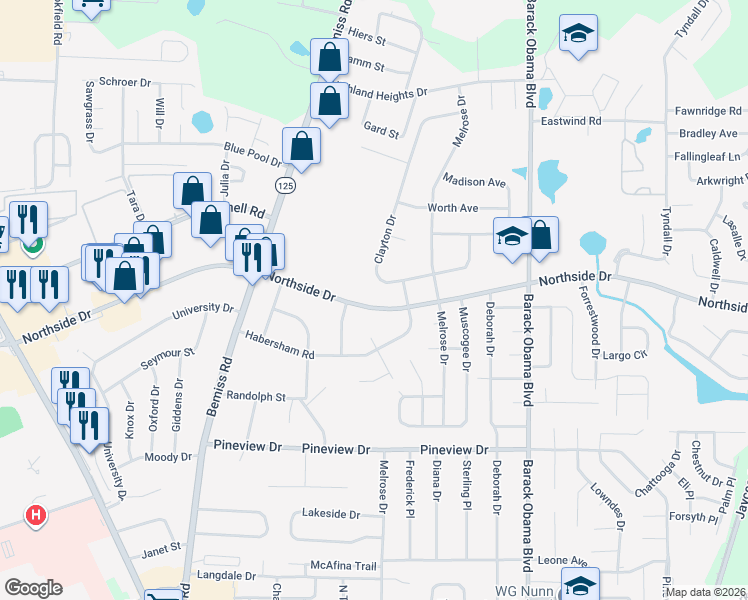 map of restaurants, bars, coffee shops, grocery stores, and more near 795 Clayton Drive in Valdosta
