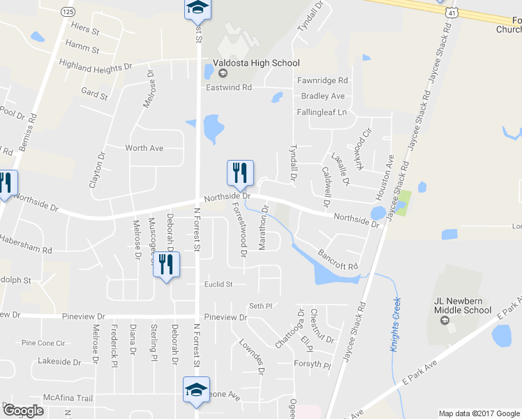 map of restaurants, bars, coffee shops, grocery stores, and more near 2584 Marathon Drive in Valdosta