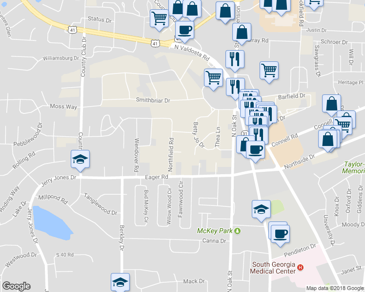 map of restaurants, bars, coffee shops, grocery stores, and more near 318 Crestview Drive North in Valdosta