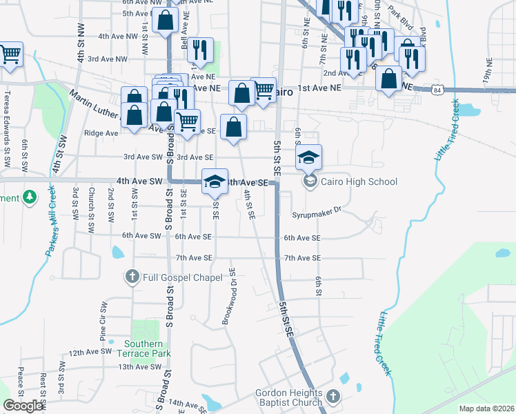 map of restaurants, bars, coffee shops, grocery stores, and more near 481 4th Street Southeast in Cairo