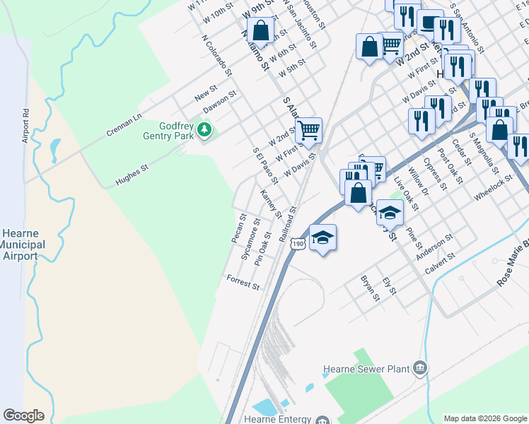 map of restaurants, bars, coffee shops, grocery stores, and more near 1402 Sycamore Street in Hearne
