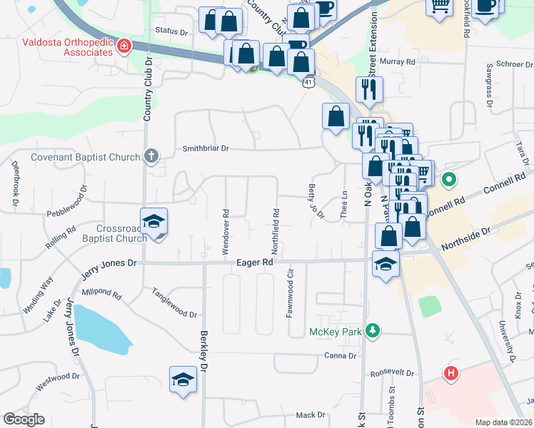 map of restaurants, bars, coffee shops, grocery stores, and more near 2902 Northfield Road in Valdosta