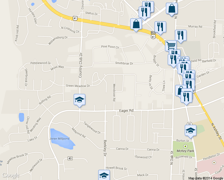 map of restaurants, bars, coffee shops, grocery stores, and more near 3016 Wendover Road in Valdosta