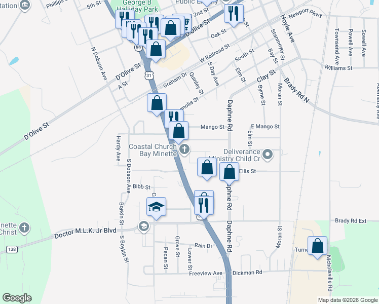 map of restaurants, bars, coffee shops, grocery stores, and more near West Hickory Street in Bay Minette
