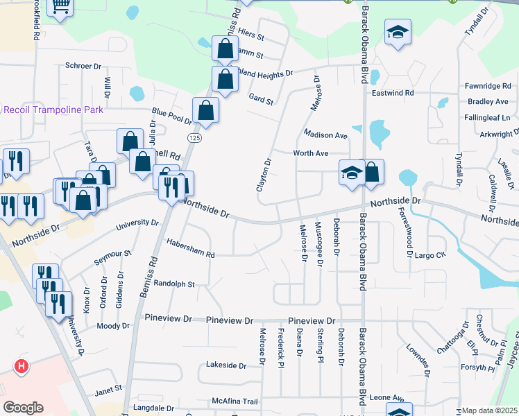 map of restaurants, bars, coffee shops, grocery stores, and more near 795 Clayton Drive in Valdosta