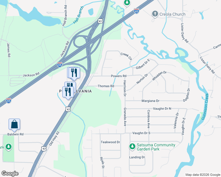 map of restaurants, bars, coffee shops, grocery stores, and more near 400 Thomas Road in Satsuma