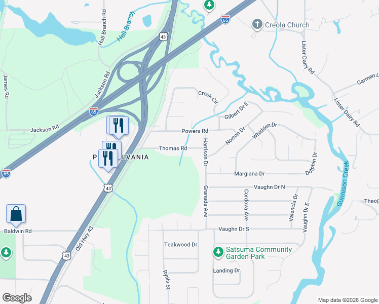 map of restaurants, bars, coffee shops, grocery stores, and more near 400 Thomas Road in Satsuma
