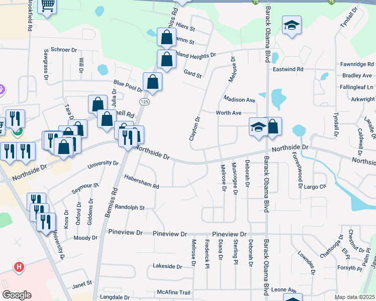 map of restaurants, bars, coffee shops, grocery stores, and more near 795 Clayton Drive in Valdosta