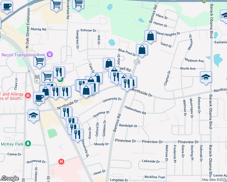 map of restaurants, bars, coffee shops, grocery stores, and more near 2420 Bemiss Road in Valdosta