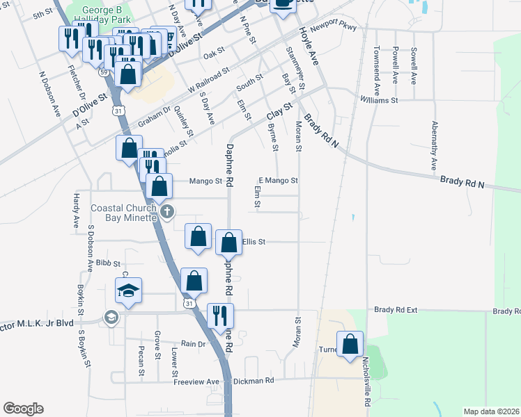 map of restaurants, bars, coffee shops, grocery stores, and more near 301 East Hickory Street in Bay Minette