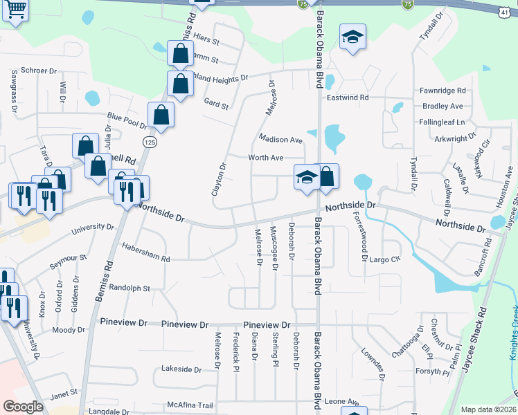 map of restaurants, bars, coffee shops, grocery stores, and more near 2603 Melrose Drive in Valdosta