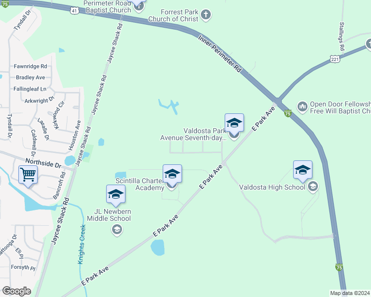 map of restaurants, bars, coffee shops, grocery stores, and more near 2738 Dogwood Circle in Valdosta