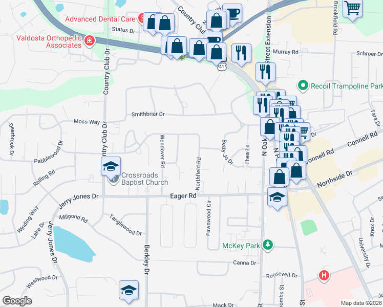 map of restaurants, bars, coffee shops, grocery stores, and more near 2902 Northfield Road in Valdosta