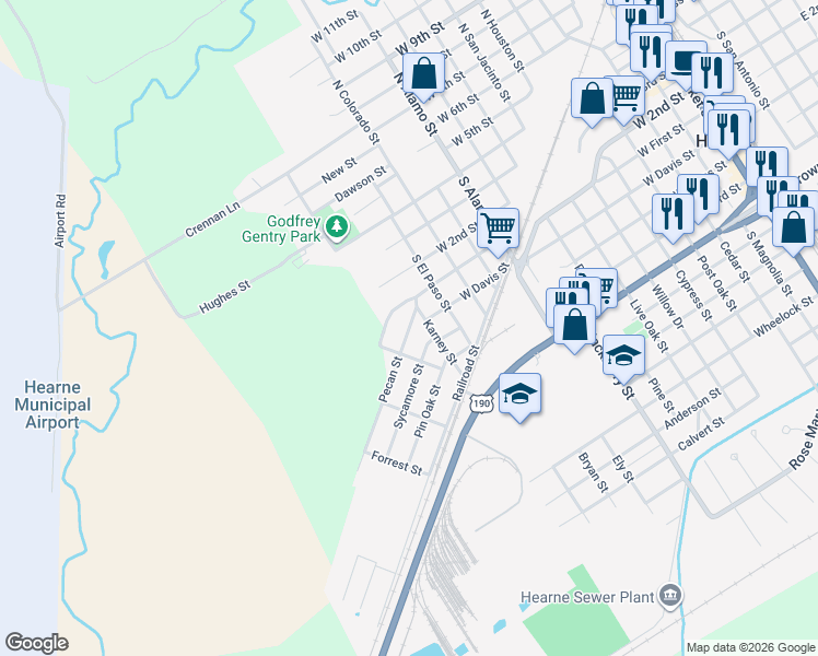 map of restaurants, bars, coffee shops, grocery stores, and more near 1320 Pecan Street in Hearne