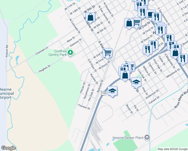 map of restaurants, bars, coffee shops, grocery stores, and more near 1402 Sycamore Street in Hearne