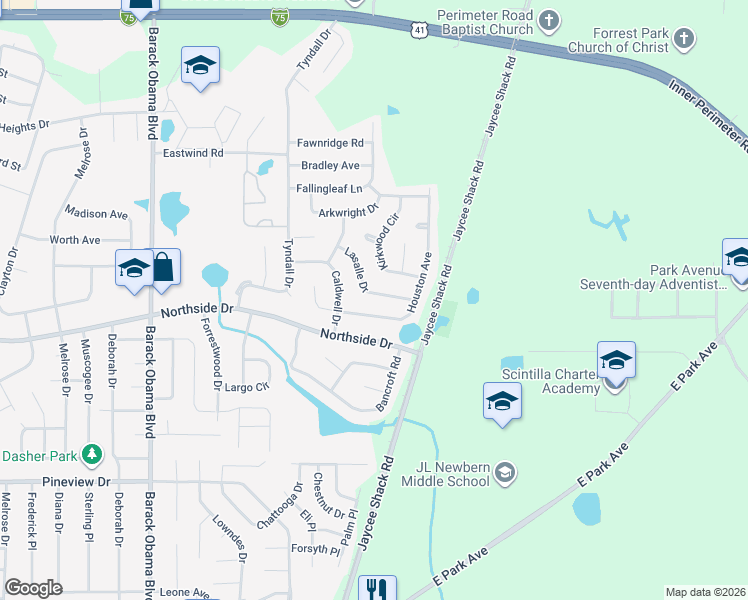 map of restaurants, bars, coffee shops, grocery stores, and more near 2818 Kirkwood Circle in Valdosta