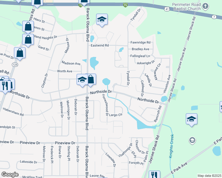 map of restaurants, bars, coffee shops, grocery stores, and more near 1720 Northside Drive in Valdosta