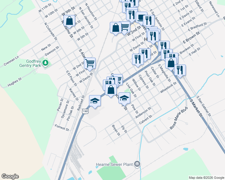 map of restaurants, bars, coffee shops, grocery stores, and more near 913 West Brown Street in Hearne