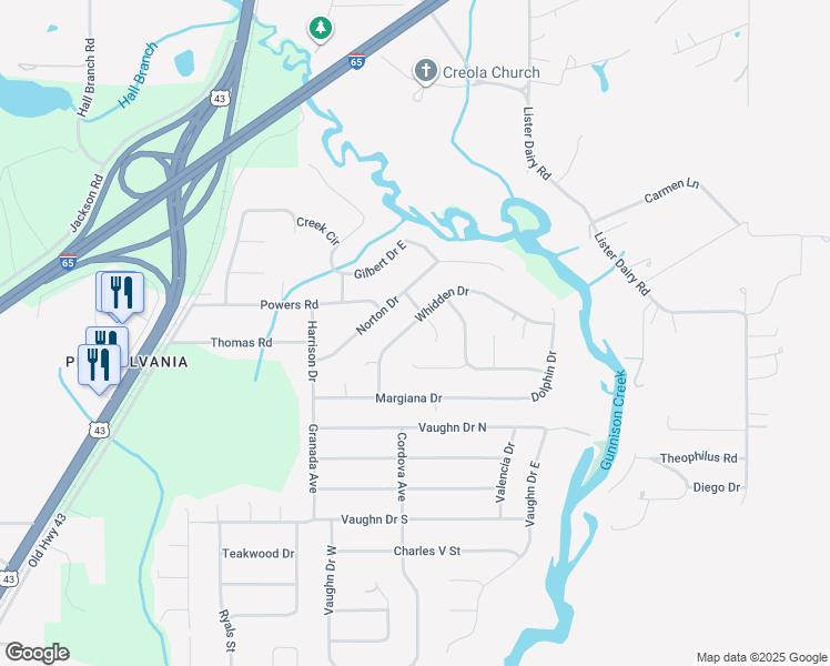 map of restaurants, bars, coffee shops, grocery stores, and more near 6223-6299 Pine Laurel Court in Satsuma
