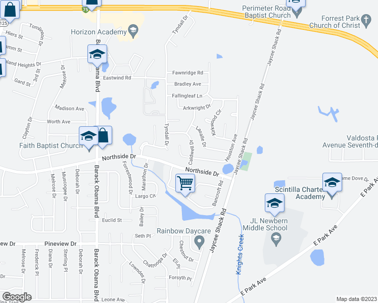 map of restaurants, bars, coffee shops, grocery stores, and more near 2802 Caldwell Drive in Valdosta