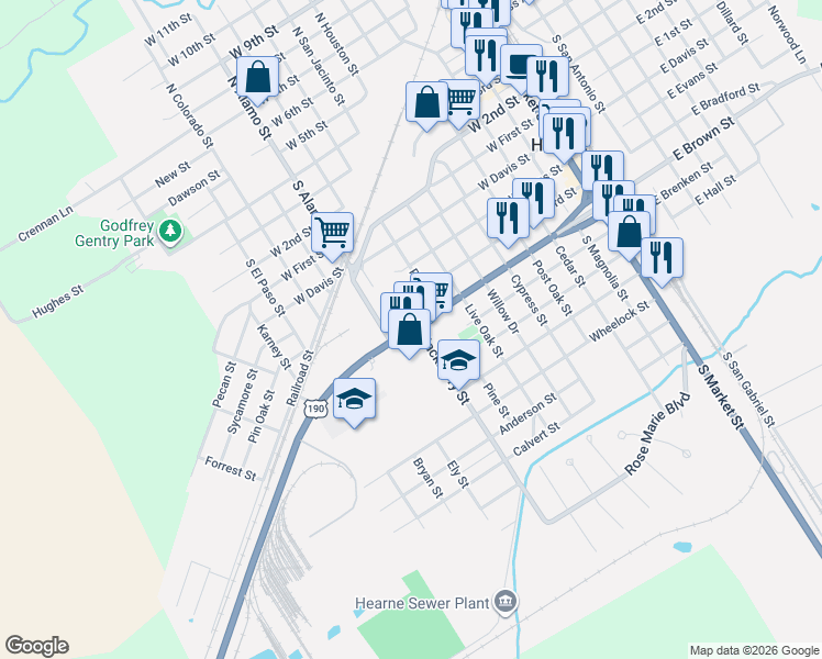 map of restaurants, bars, coffee shops, grocery stores, and more near 913 West Brown Street in Hearne