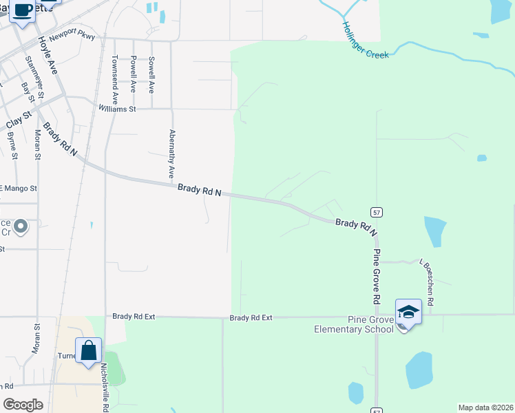 map of restaurants, bars, coffee shops, grocery stores, and more near 15590 Brady Road North in Bay Minette