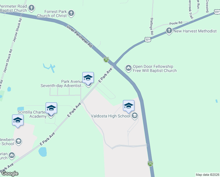 map of restaurants, bars, coffee shops, grocery stores, and more near 2265 East Park Avenue in Valdosta