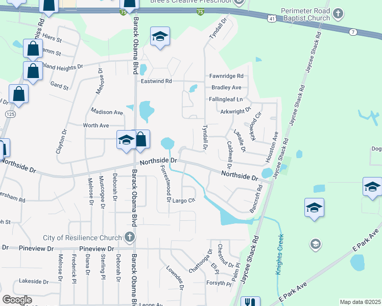 map of restaurants, bars, coffee shops, grocery stores, and more near 2735 Tyndall Drive in Valdosta