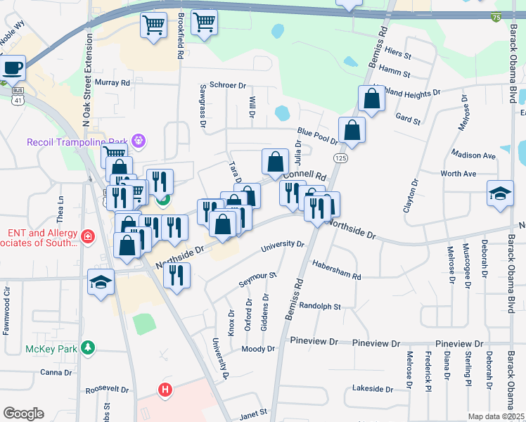 map of restaurants, bars, coffee shops, grocery stores, and more near in Valdosta