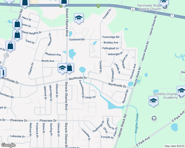 map of restaurants, bars, coffee shops, grocery stores, and more near 2731 Tyndall Drive in Valdosta
