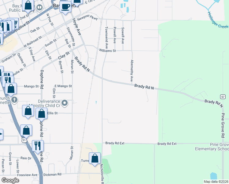 map of restaurants, bars, coffee shops, grocery stores, and more near 810 Brady Rd in Bay Minette